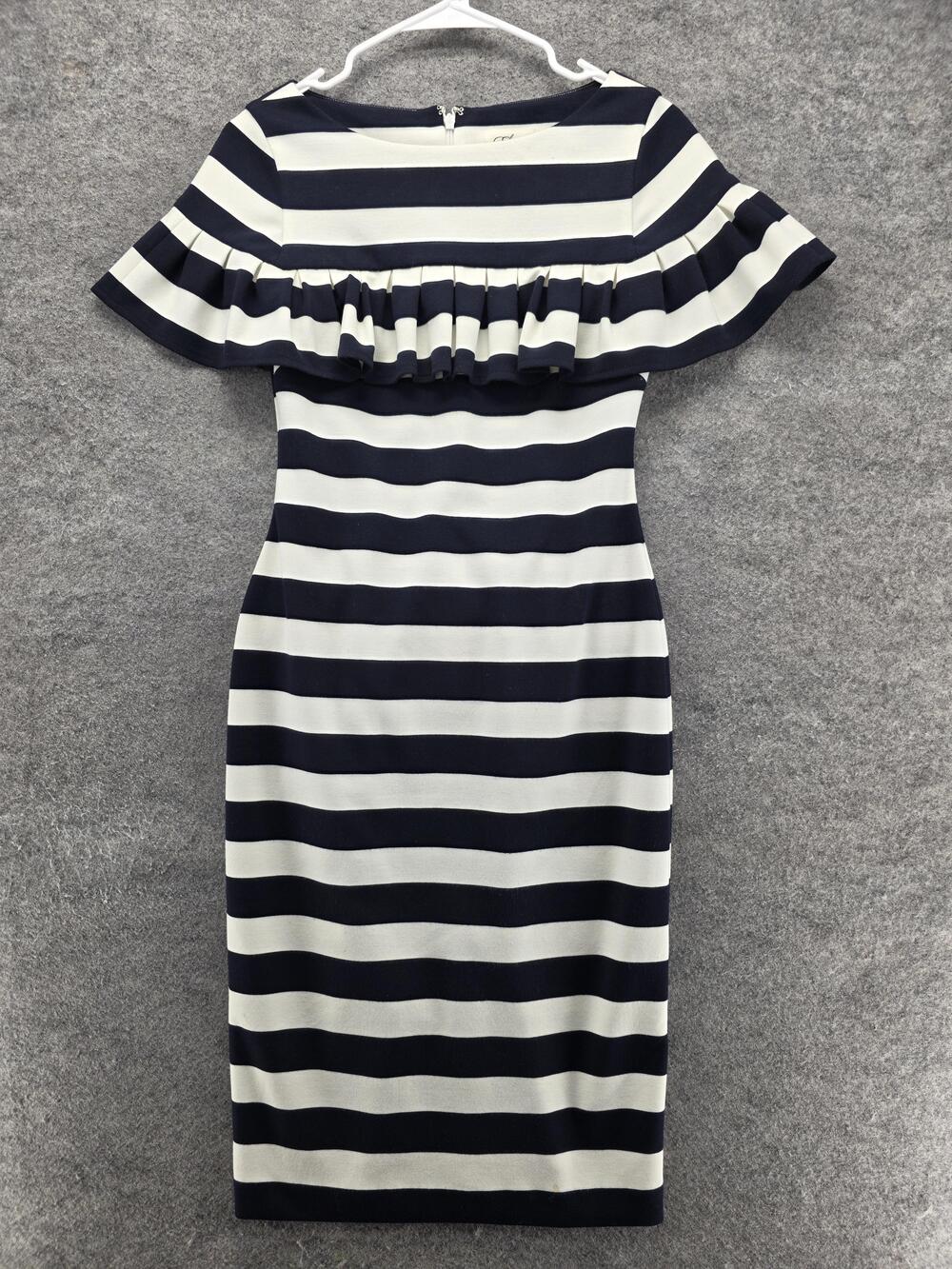 Eliza J Dress Womens 2 Navy White Stripe Ruffle Sheath Off Shoulder Knee Length